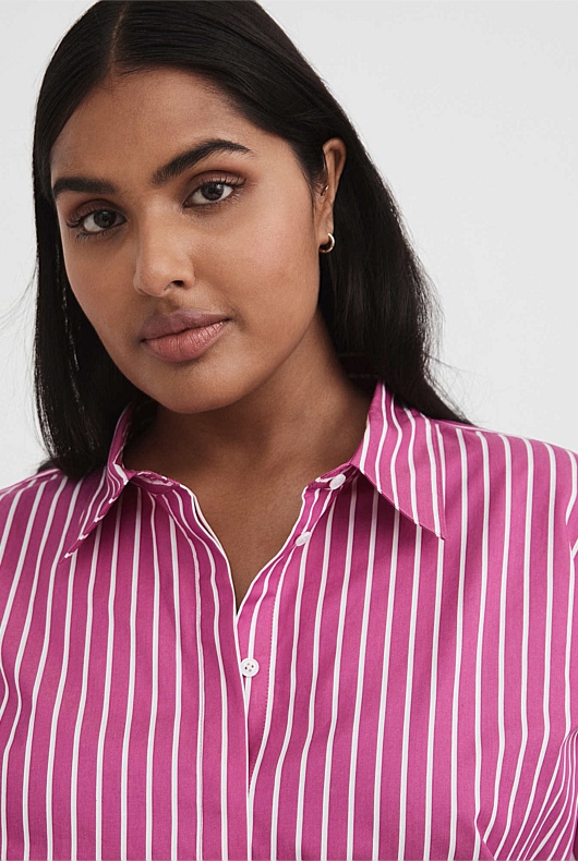 Cotton Wide Stripe Cropped Shirt - Bright Magenta