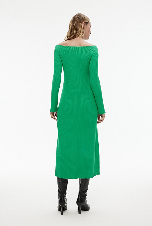 Off Shoulder Knit Dress - Leaf Green