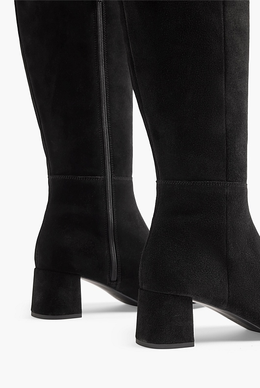Block Heel Knee High Suede Boot - Black