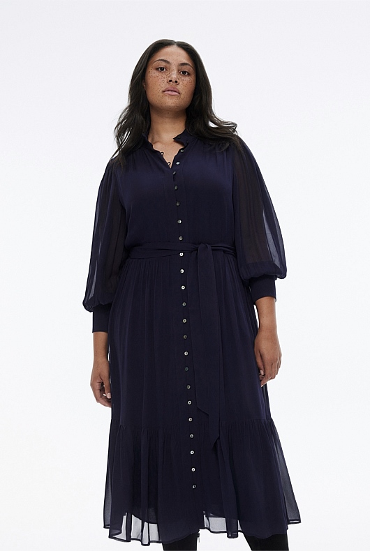 Georgette High Neck Midi Dress - Blue Night