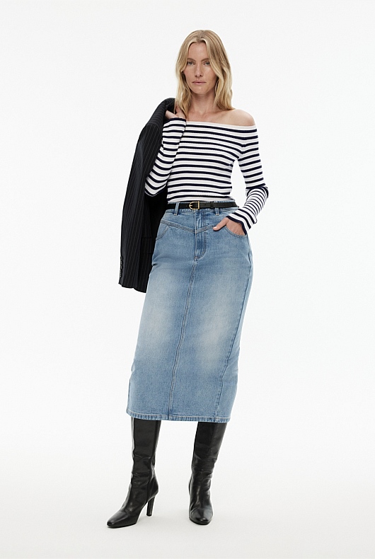 Off Shoulder Stripe Knit - Ink