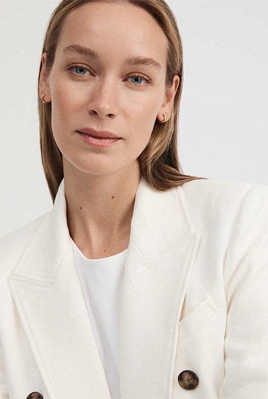 Linen Double-Breasted Crop Sleeve Blazer - Chalk