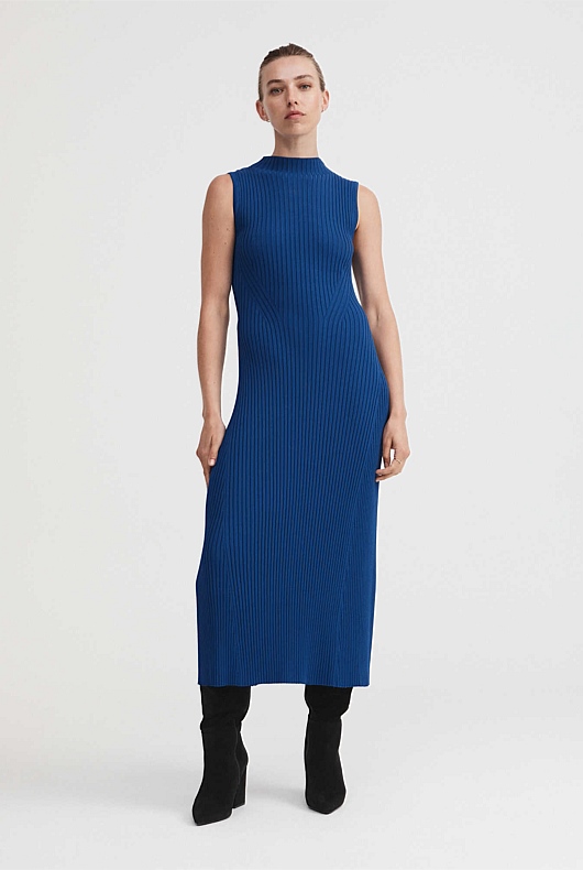 Knit Rib Mock Neck Dress - Eclipse Blue