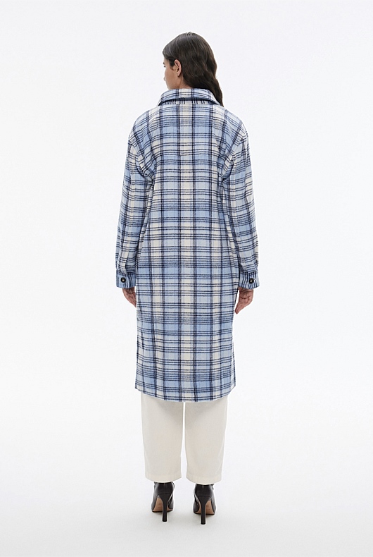 Wool Blend Check Longline Shacket - Duck Egg Blue