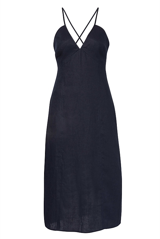 French Linen Summer Slip Dress - Blue Night