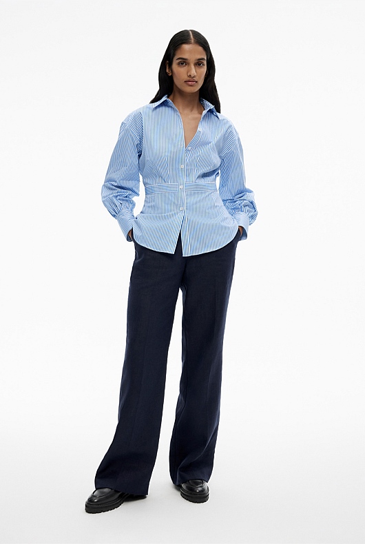 Cotton Stripe Dart Detail Shirt - Blue Daze