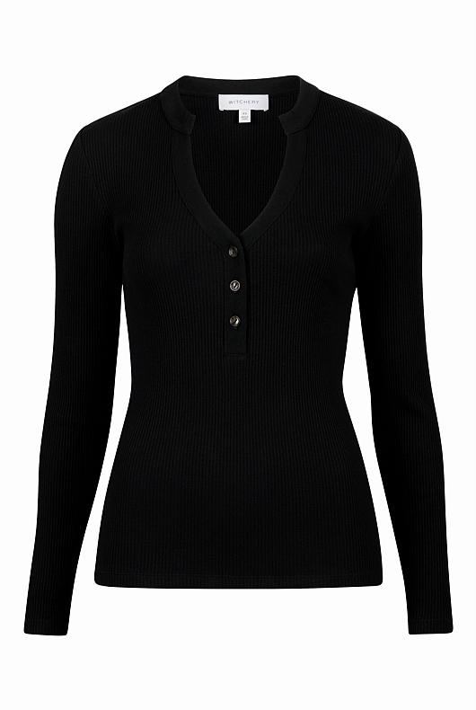 Cotton Blend Rib Henley Long Sleeve Top - Black
