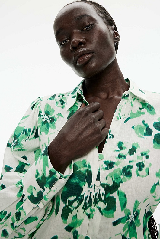 Linen Ikat Floral Volume Sleeve Shirt - Willow