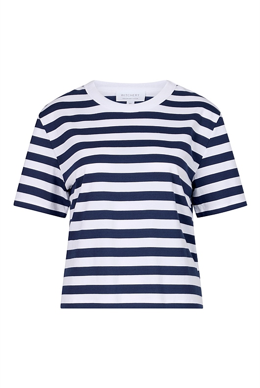 Stripe Cotton Crop Short Sleeve Tee - Ink