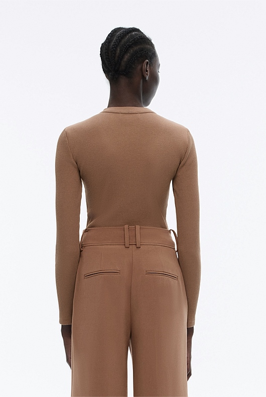 Cotton Blend Rib Henley Long Sleeve Top - Camel