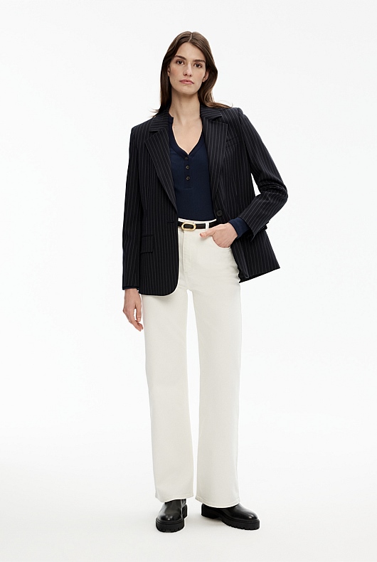 Cotton Blend Rib Henley Long Sleeve Top - Regatta Blue