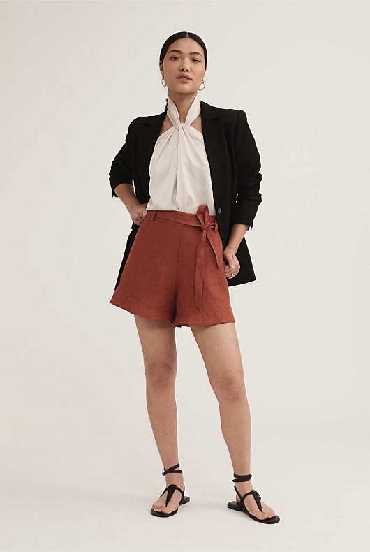 Belt Detail Linen Short - Burnt Red