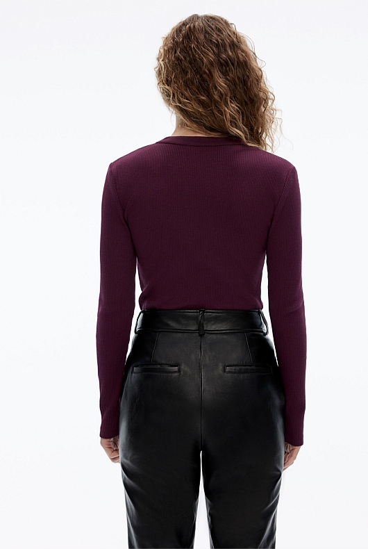 Cotton Blend Rib Henley Long Sleeve Top - Bordeaux