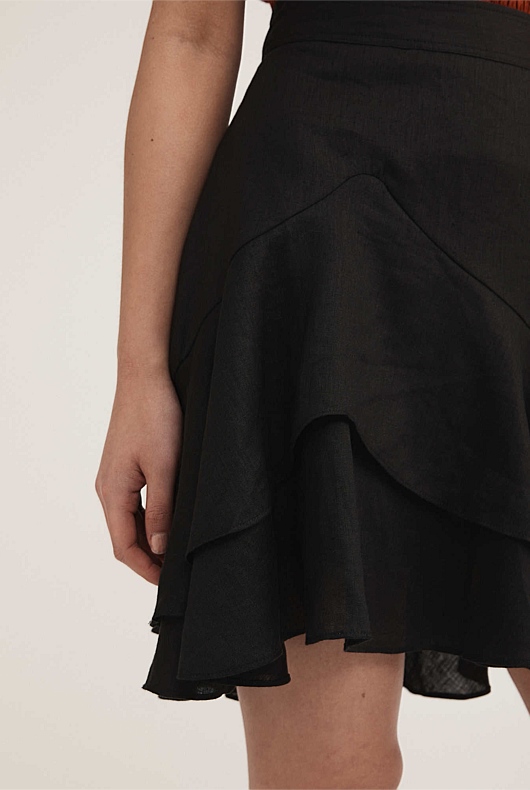 French Linen Ruffle Detail Skirt - Black