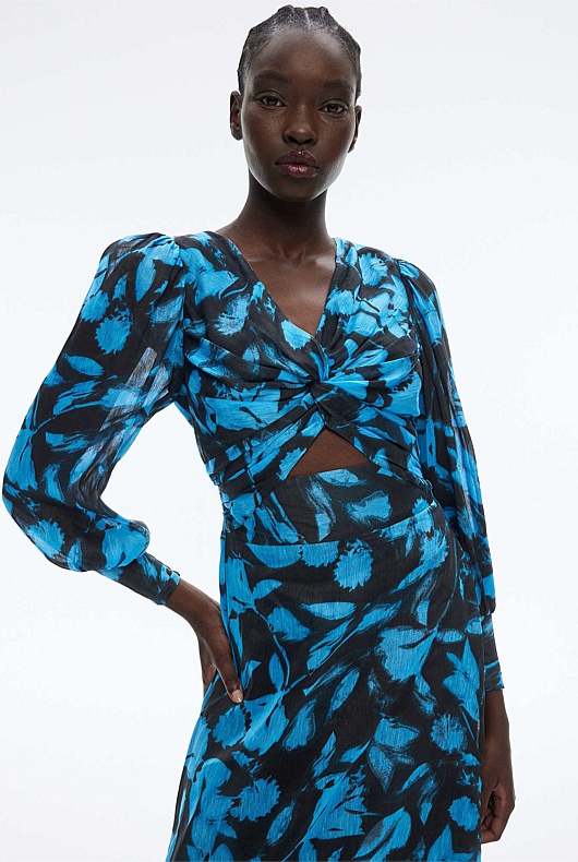 Abstract Textured Print Dress - Mallard Blue