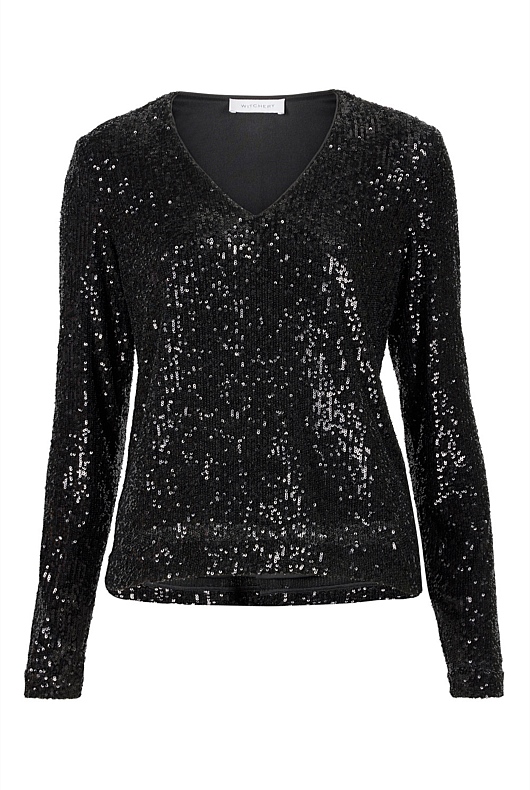 Sequin V Neck Top - Black