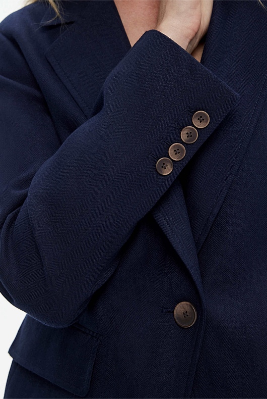 Cotton Linen Single-Breasted Blazer - Blue Night