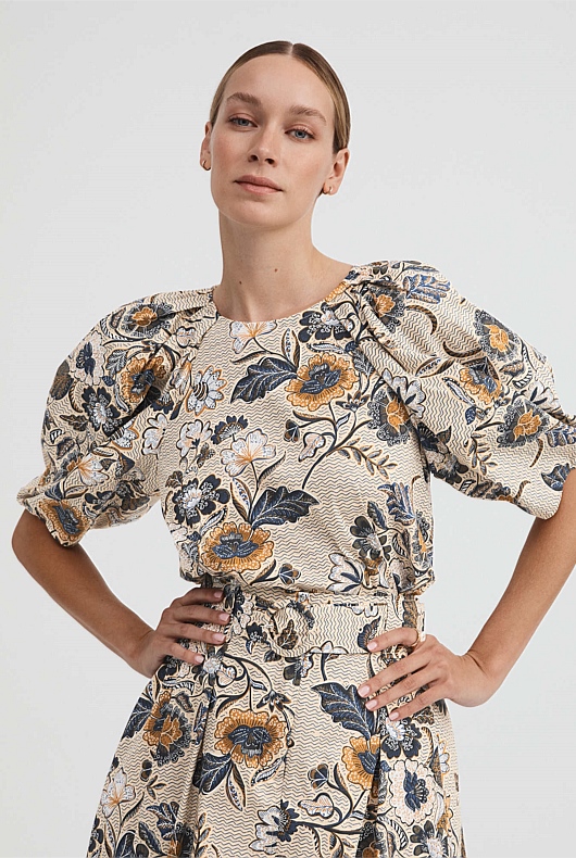 Vine Floral Print Blouse - Barley