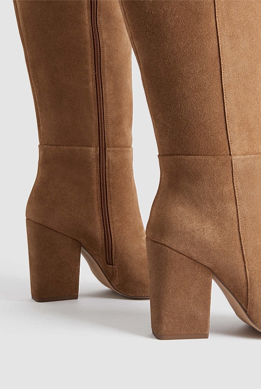 Suede Knee High 90mm Heeled Boot - Ginger