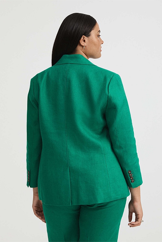 Linen Double-Breasted Crop Sleeve Blazer - Aqua Green