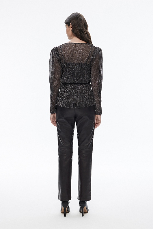 Mesh Metallic V Neck Top - Black