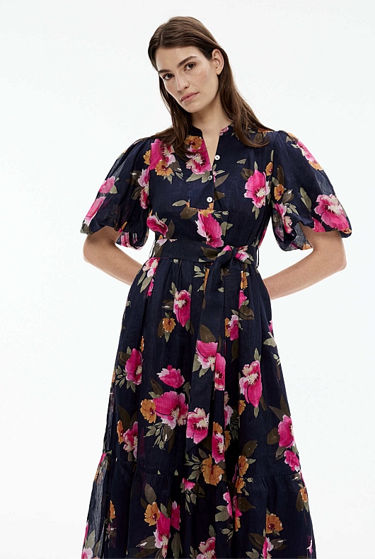 Watercolour Print Midi Dress - Midnight Blue