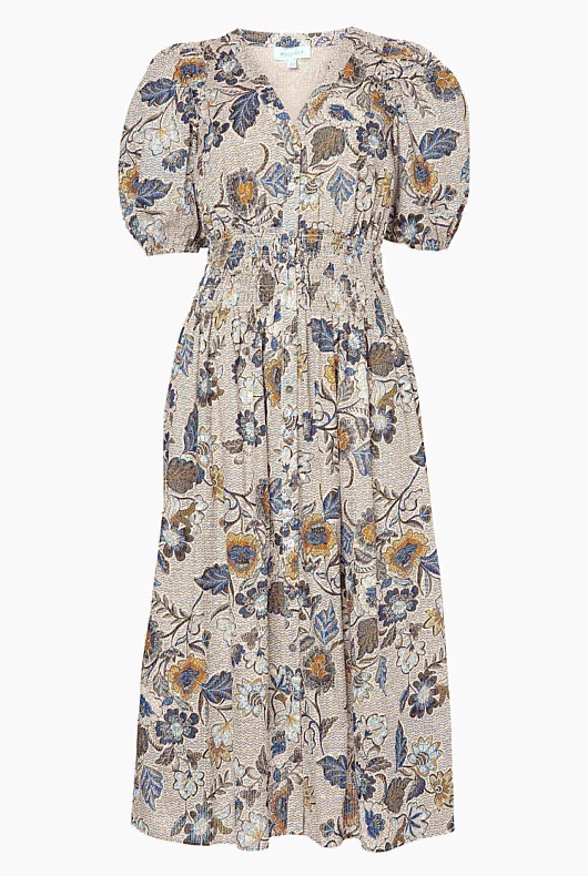 Vine Floral Print Shirred Dress - Barley