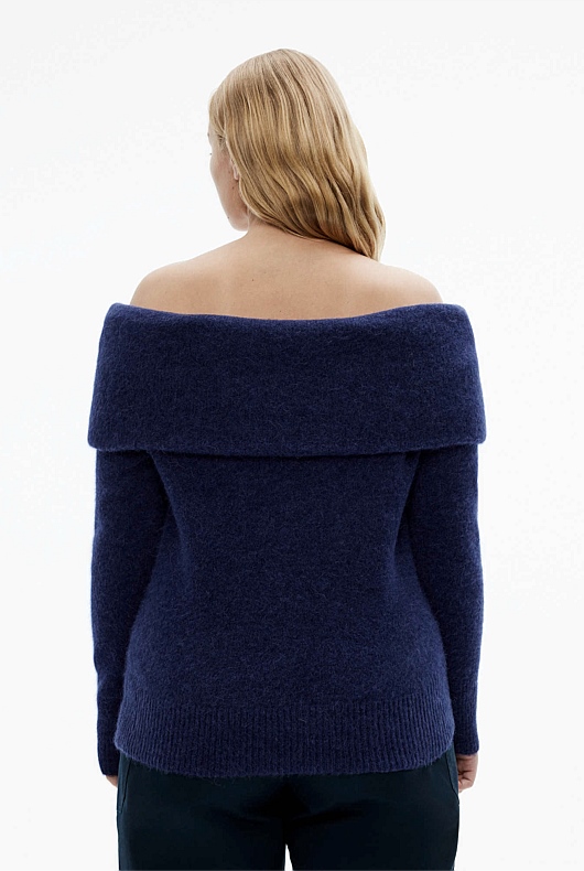 Alpaca Blend Off Shoulder Knit - Ink Blue