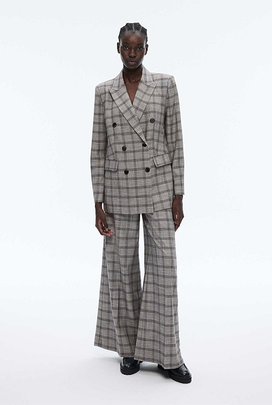 Yarn Dye Check Wide Leg Pant - Grey Sky