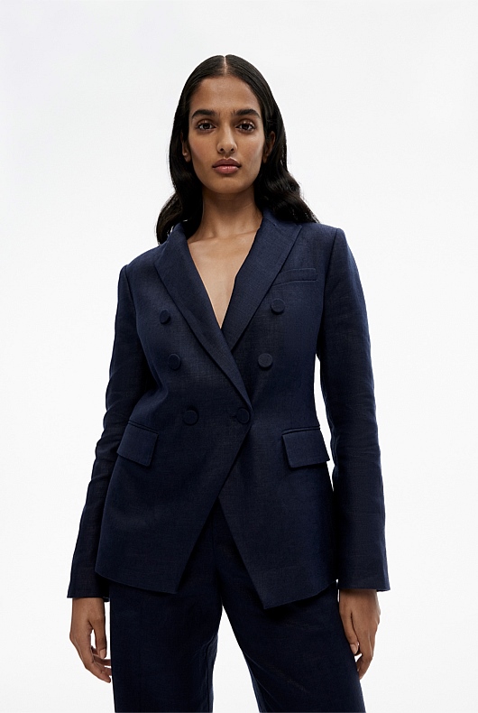 Linen Double-Breasted Blazer - Blue Night