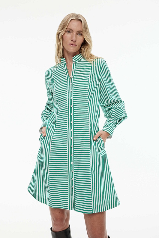 Cotton Stripe Mini Dress - Emerald