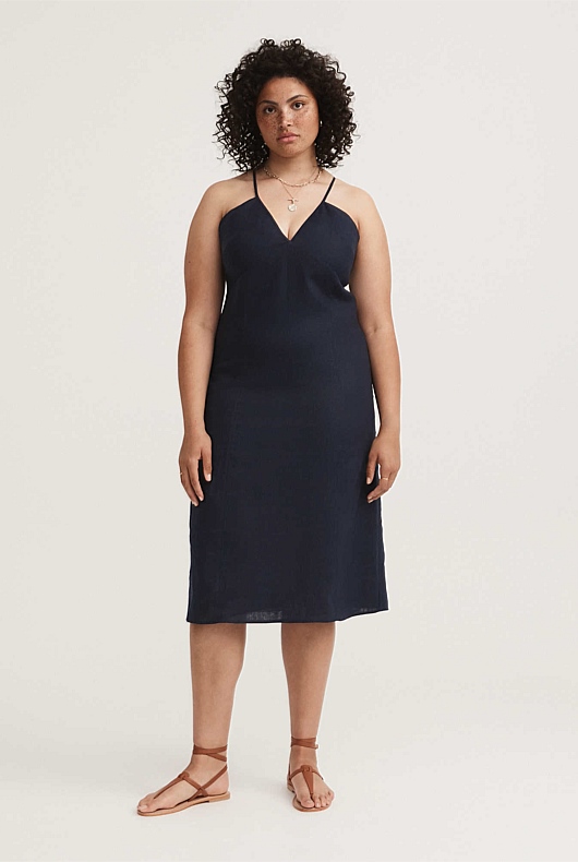 French Linen Summer Slip Dress - Blue Night