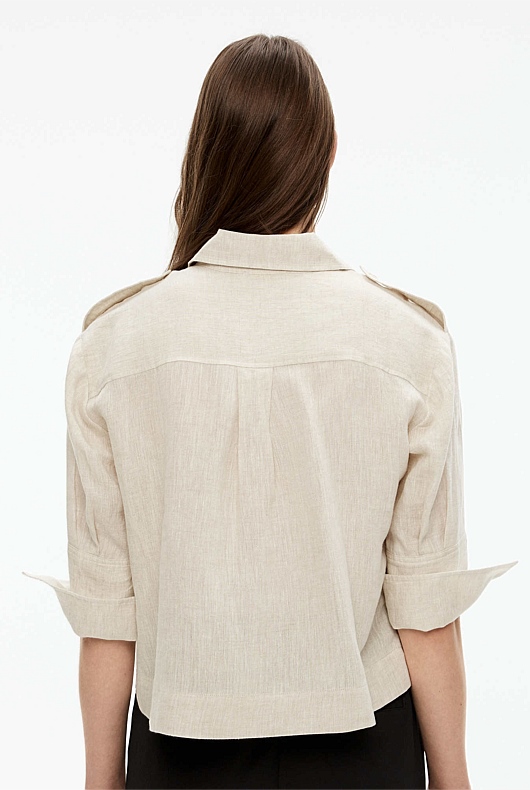 French Linen Yarn Dye Cropped Shirt - Flax