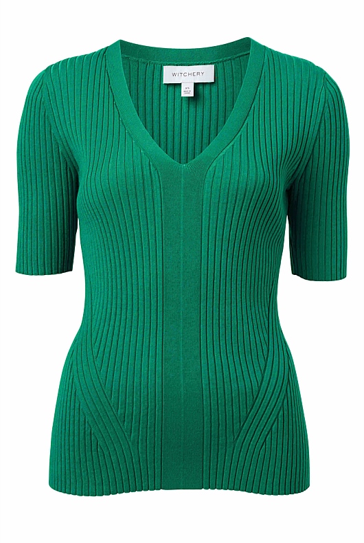 Rib V Neck Short Sleeve Knit - Aqua Green