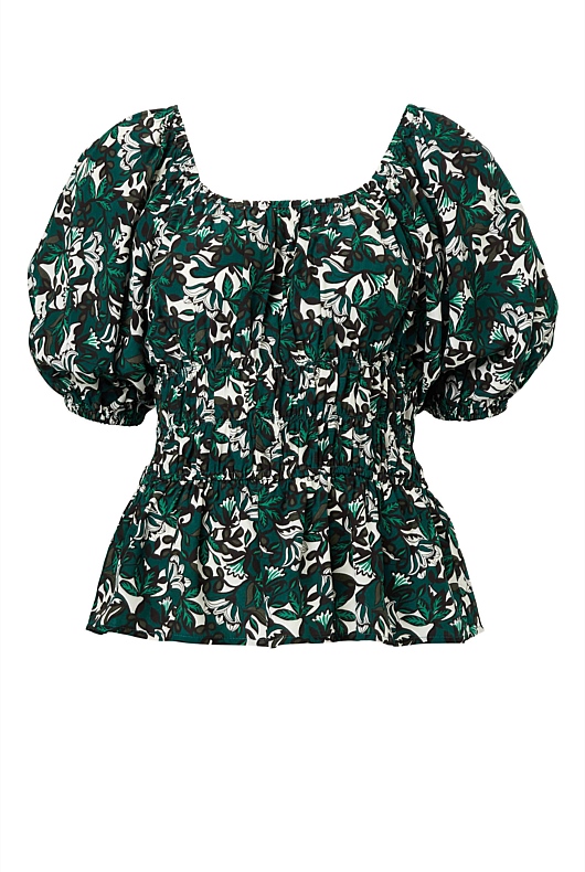 Folk Blossom Gathered Blouse - Foliage