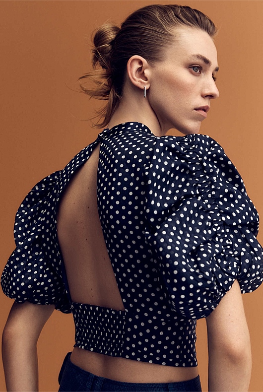 Spot Print Puff Sleeve Blouse - Washed Navy