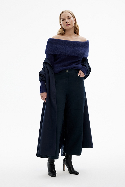 Alpaca Blend Off Shoulder Knit - Ink Blue