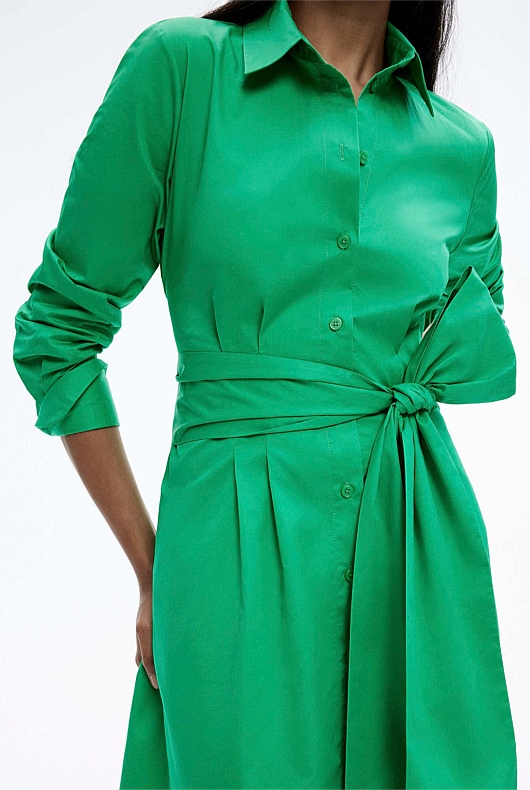 Cotton Sateen Shirt Dress - Leaf Green