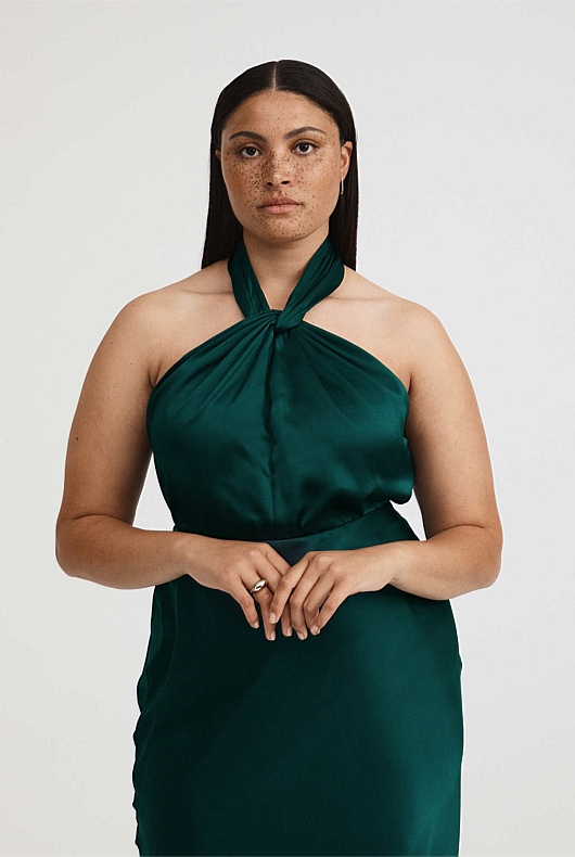 Silk Satin Halter - Petrol Green