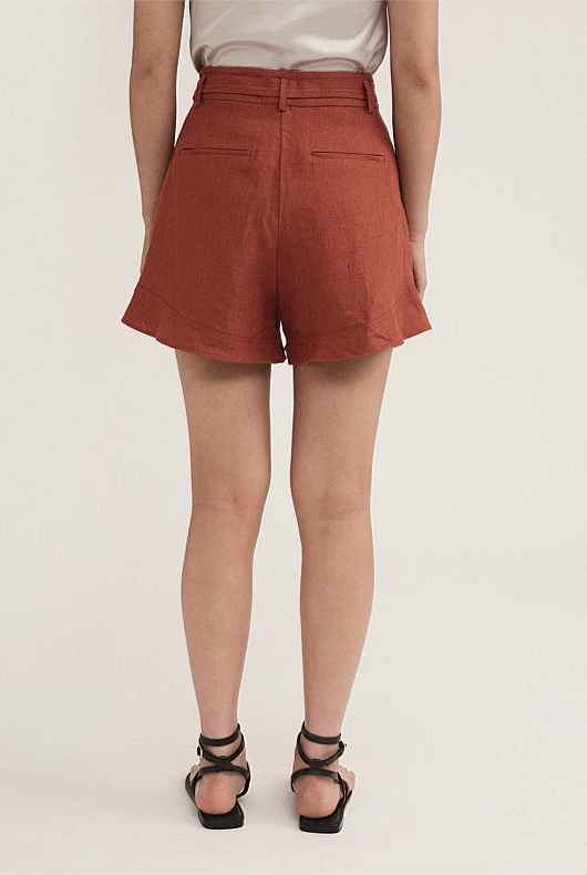Belt Detail Linen Short - Burnt Red