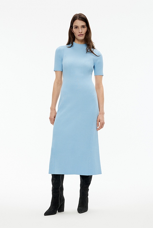 Rib Mock Neck Knit Dress - Soft Blue