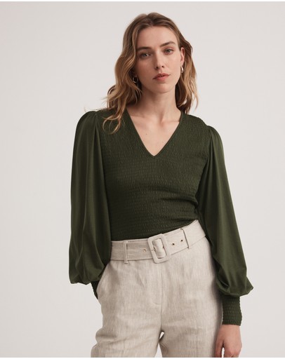 Witchery Cotton Blend Shirred V Neck Top