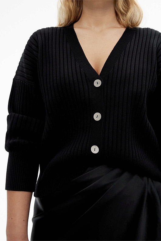 Rib Drop Shoulder Cardigan - Black