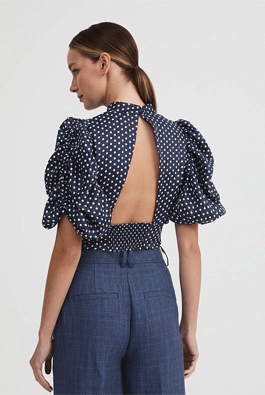 Spot Print Puff Sleeve Blouse - Washed Navy