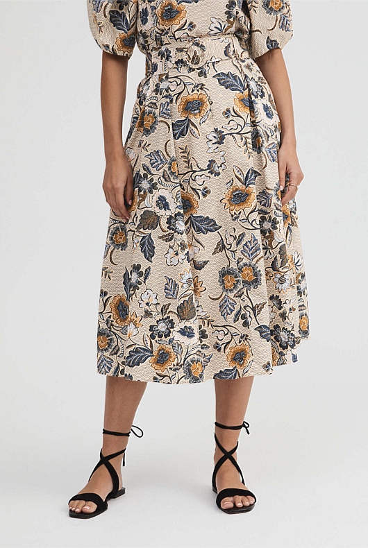 Floral Vine Pleat Detail Skirt - Barley