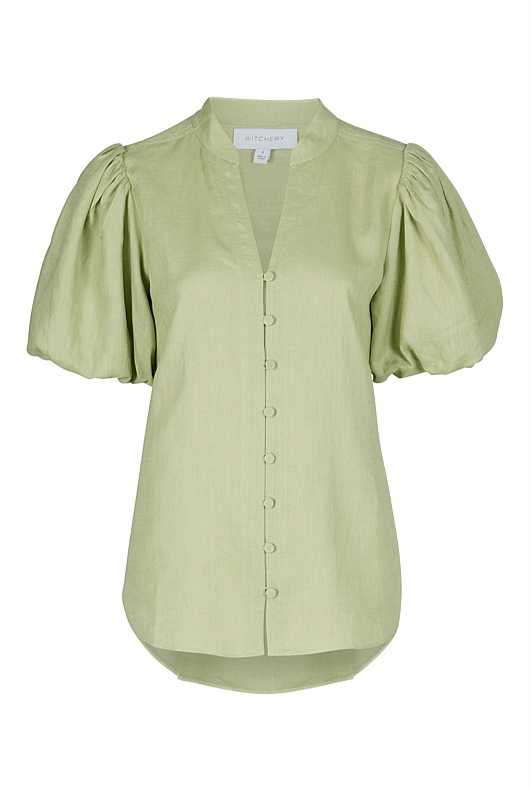 Hemp Puff Sleeve Blouse - Pistachio