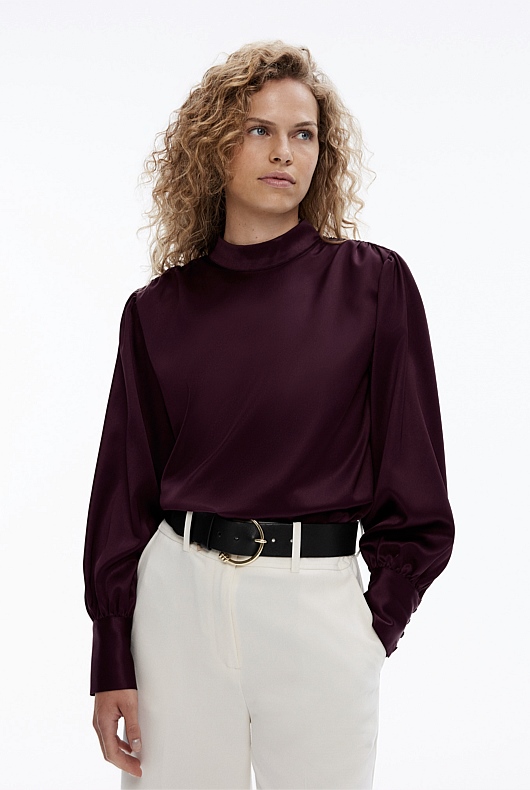 Acetate High Neck Blouse - Bordeaux