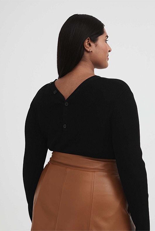 Button Through Rib Knit - Black