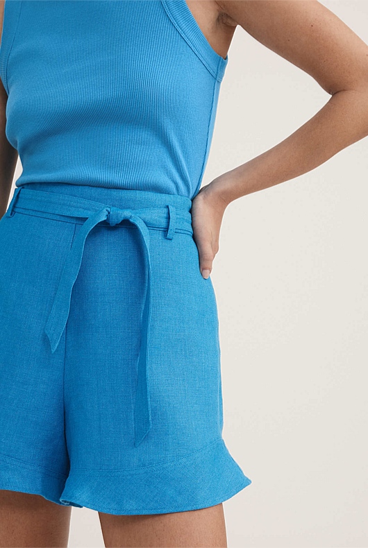 Belt Detail Linen Short - Cyan