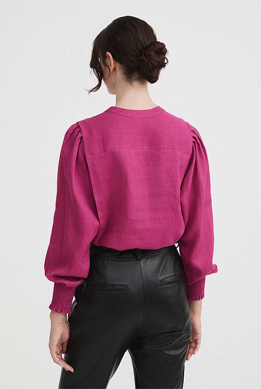 French Linen Half Placket Blouse - Mulberry